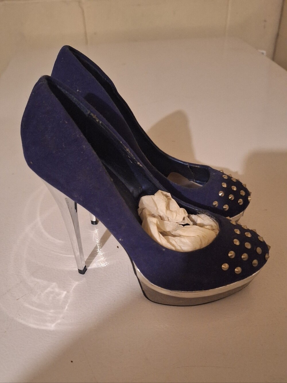 Navy Studded High Heel Pumps - Women's Fashion Heels